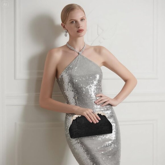 ⚡ Women's Fabric Lace Pearl Chain Rhinestones Black Shoulder Clutch Bag - Picture 5 of 9